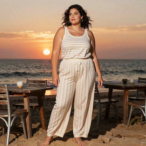 Woman in Beige Striped Beachwear at Sunset