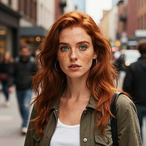 Photograph of a freckled, red-haired woman with green eyes, wearing a green jacket and white shirt, standing in a busy urban street.