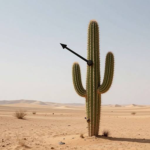 Photograph of a tall, green cactus with three arms in a bright, sunlit desert, featuring a black arrow piercing its center.