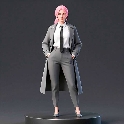 Confident Woman in Gray Suit and Pink Hair