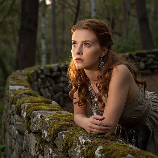 Photograph of a fair-skinned woman with wavy brown hair, wearing a brown dress and intricate necklace, leaning on a moss-covered stone wall in