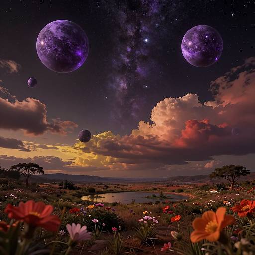 Digital art: Vibrant sunset landscape with colorful flowers, starry sky, and three glowing purple planets hovering above, surrounded by fluffy clouds.