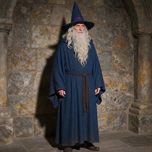 Photograph of an elderly wizard with long white beard, wearing a dark blue robe, pointed hat, and brown belt, standing against a stone archway