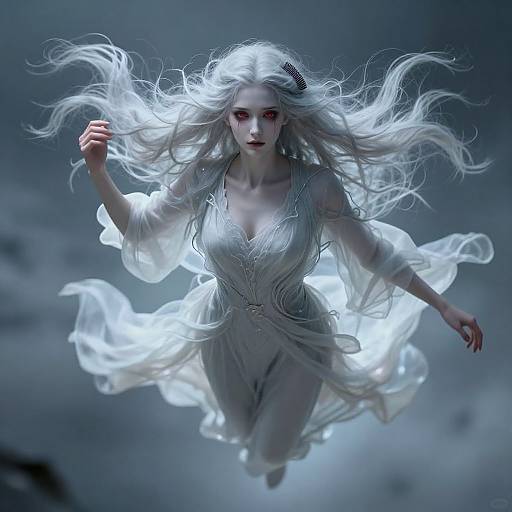 Digital artwork of a pale-skinned, ethereal woman with flowing white hair, red eyes, and a translucent dress, floating against a misty,