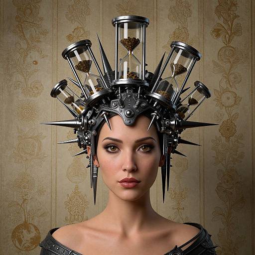 Photograph of a fair-skinned woman with dark hair, wearing a metallic, spike-adorned headpiece with glass tubes and gold hearts, against