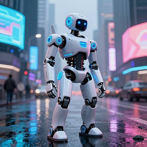 CGI image of a white, blue-accented humanoid robot standing in a rainy, neon-lit urban street, surrounded by blurred pedestrians and glowing