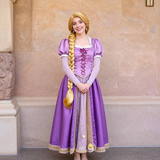 Digital illustration of a smiling young woman with blonde hair in a long braid, wearing a purple Rapunzel-style dress, standing against a beige stone