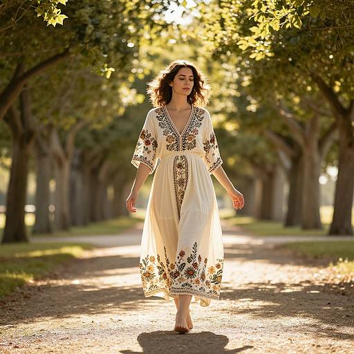 Photograph of a smiling woman with curly brown hair, wearing a white floral embroidered dress, walking along a sunlit tree-lined path.