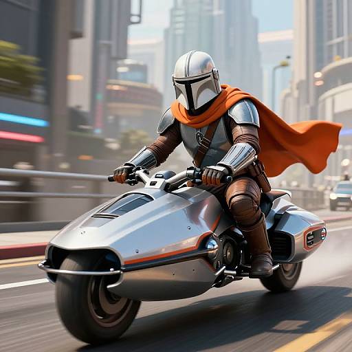 Digital illustration of a Mandalorian in silver armor and orange cape riding a futuristic silver motorcycle through a bustling city street.