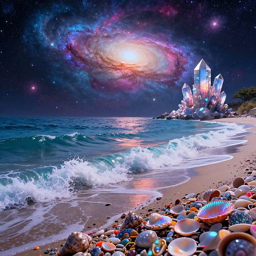Digital artwork of a glowing crystal island under a vibrant, starry night sky with a colorful galaxy, waves crashing on a seashell-covered beach.