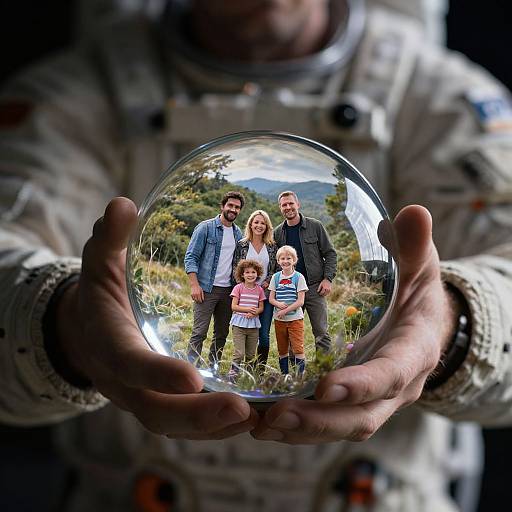 Photograph of a family reflected in a space suit's hand-held lens, showing a bearded man, woman, and two children in a grassy