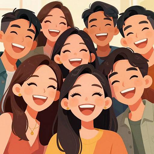 Digital illustration of a happy, diverse group of six smiling Asian adults with black hair, wearing casual clothes, close together, showcasing joyful expressions.