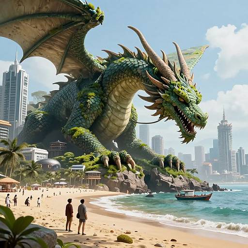 Digital artwork of a massive green dragon with brown horns and wings on a sunny beach with palm trees, skyscrapers, and a small boat in the