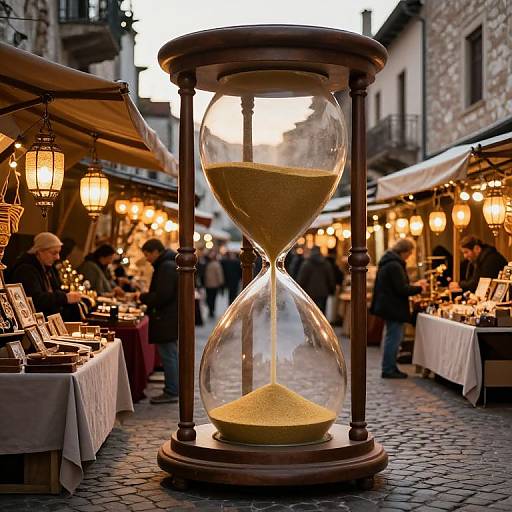 Photograph of a large wooden hourglass on a cobblestone street market, with warm lanterns, blurred shoppers, and market stalls in the background