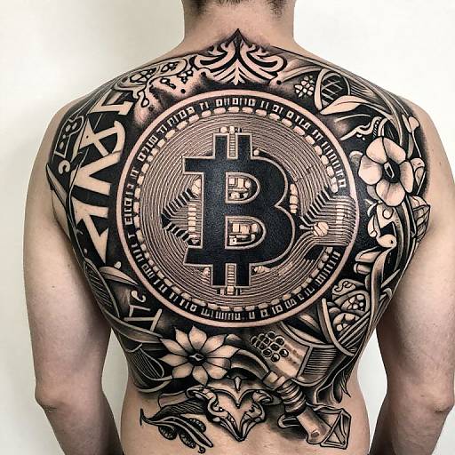 Intricate Back Tattoo with Bitcoin Logo