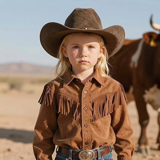 Young Cowgirl in Desert with Cow