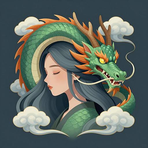 Whimsical Dragon and Woman's Profile Art