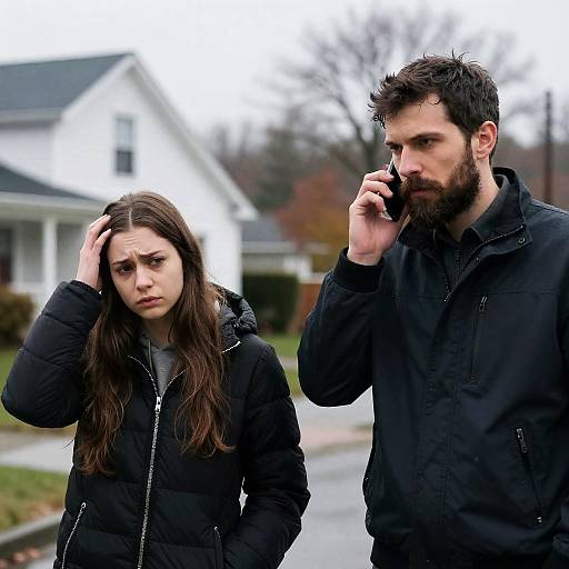 Worried Encounter in a Rainy Neighborhood