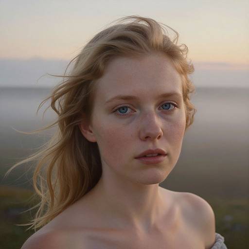 Photograph of a fair-skinned, blue-eyed, freckled young woman with long, wind-swept blonde hair, bare shoulders, and