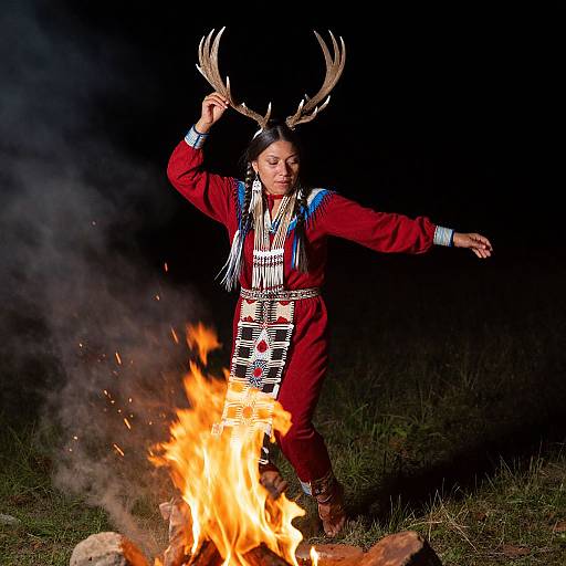 Photograph of a Native American woman in red traditional attire with antlers, dancing around a fire at night, dark background.