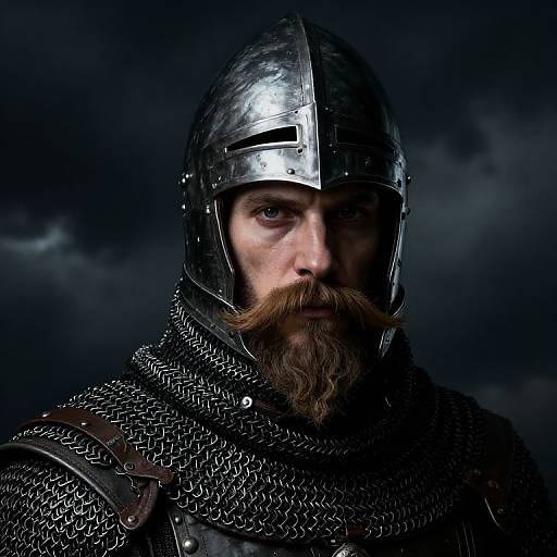Photograph of a medieval knight with a serious expression, wearing a metallic helmet, chainmail, and a brown beard, set against a dark, cloudy