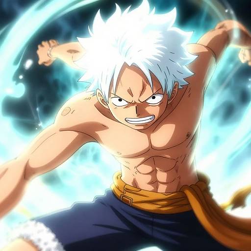 Digital anime artwork of a muscular, shirtless man with white spiky hair, glowing blue energy, intense expression, and dark pants with a yellow belt