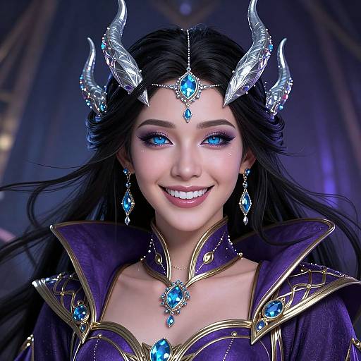 Digital artwork of a smiling woman with blue eyes, black hair, and silver horned tiara, wearing a purple and gold ornate gown adorned with
