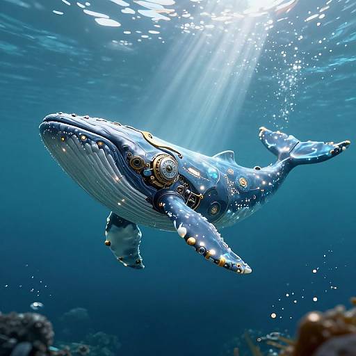 Photograph of a majestic, bioluminescent blue whale adorned with glowing, circular patterns swimming underwater, illuminated by sunlight rays.