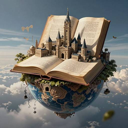 Digital surreal artwork: An open book with a medieval castle on its pages floats in a cloudy sky, blending earth and fantasy.