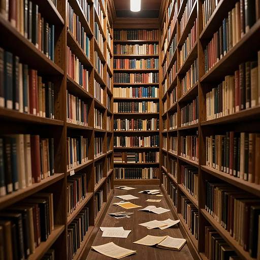 Photograph of a narrow, dimly-lit library aisle with tall wooden bookshelves filled with colorful books, scattered papers on the dark wooden floor