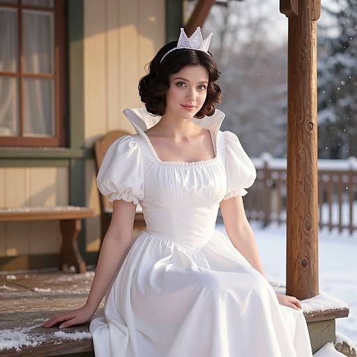 Photograph of a young woman with fair skin, dark wavy hair, and a white satin princess dress with puffed sleeves, wearing a white crown
