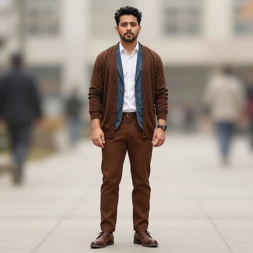 Photograph of a bearded man with dark hair, wearing a brown cardigan over a white shirt, brown pants, and brown shoes, standing in