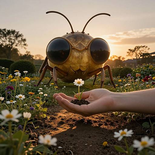 Photograph of a giant, realistic insect with large black eyes, standing in a sunlit flower garden, holding a tiny white daisy in a human