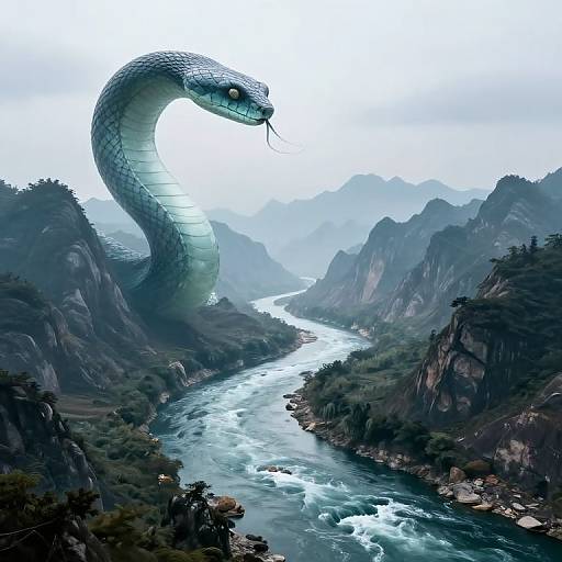 Digital artwork of a massive, serpentine snake with shimmering scales, coiling over a misty, mountainous river valley with rushing waters.
