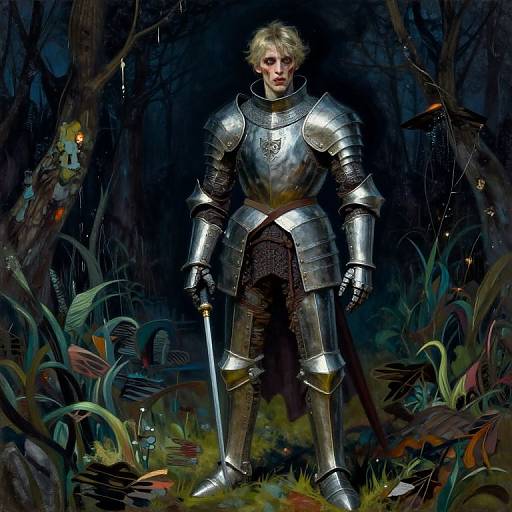 Digital painting of a blonde knight in shiny silver armor standing in a dark, enchanted forest with glowing plants and small lanterns.