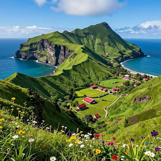 Photograph of a lush, green island with red-roofed houses, surrounded by blue ocean, under a bright, partly cloudy sky. Vibrant