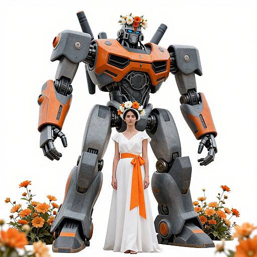 Photograph of a woman in a white dress with orange sash and flower crown, standing between a large orange and gray mecha robot, surrounded by