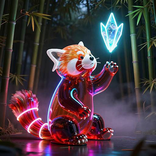 Glowing red panda sculpture with neon accents holds a glowing crystal in a bamboo forest, illuminated by vibrant lights.