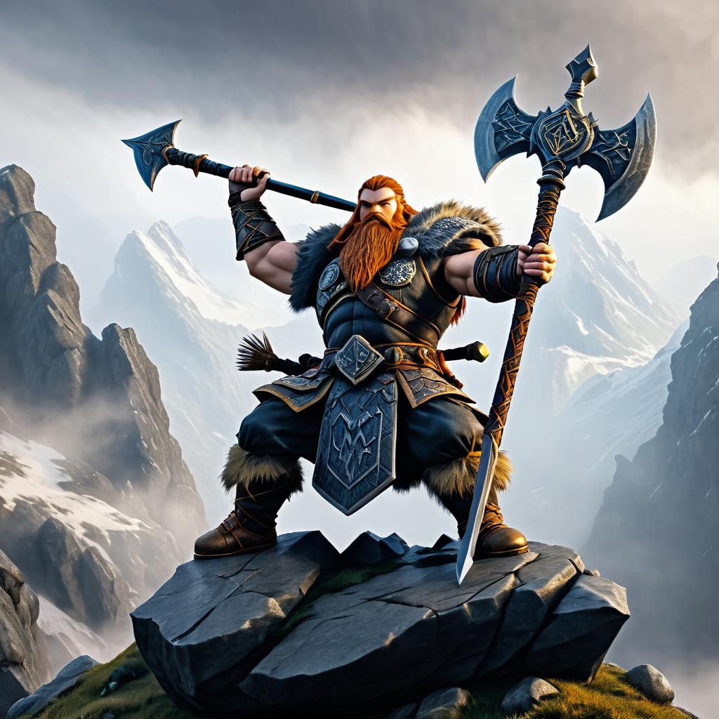 Dwarven Warrior in Misty Mountain Scene