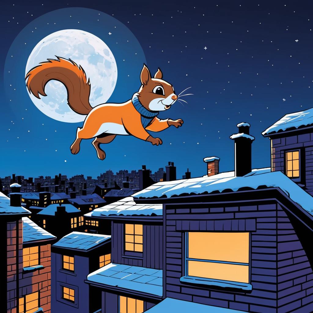 Mischievous Squirrel in Moonlit Rooftops