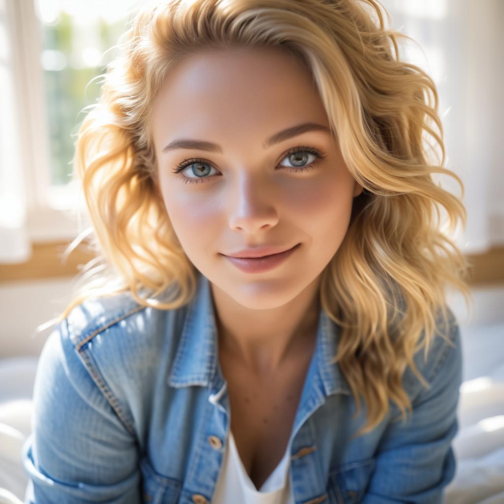 Sunlit Portrait of Young Woman in Bedroom