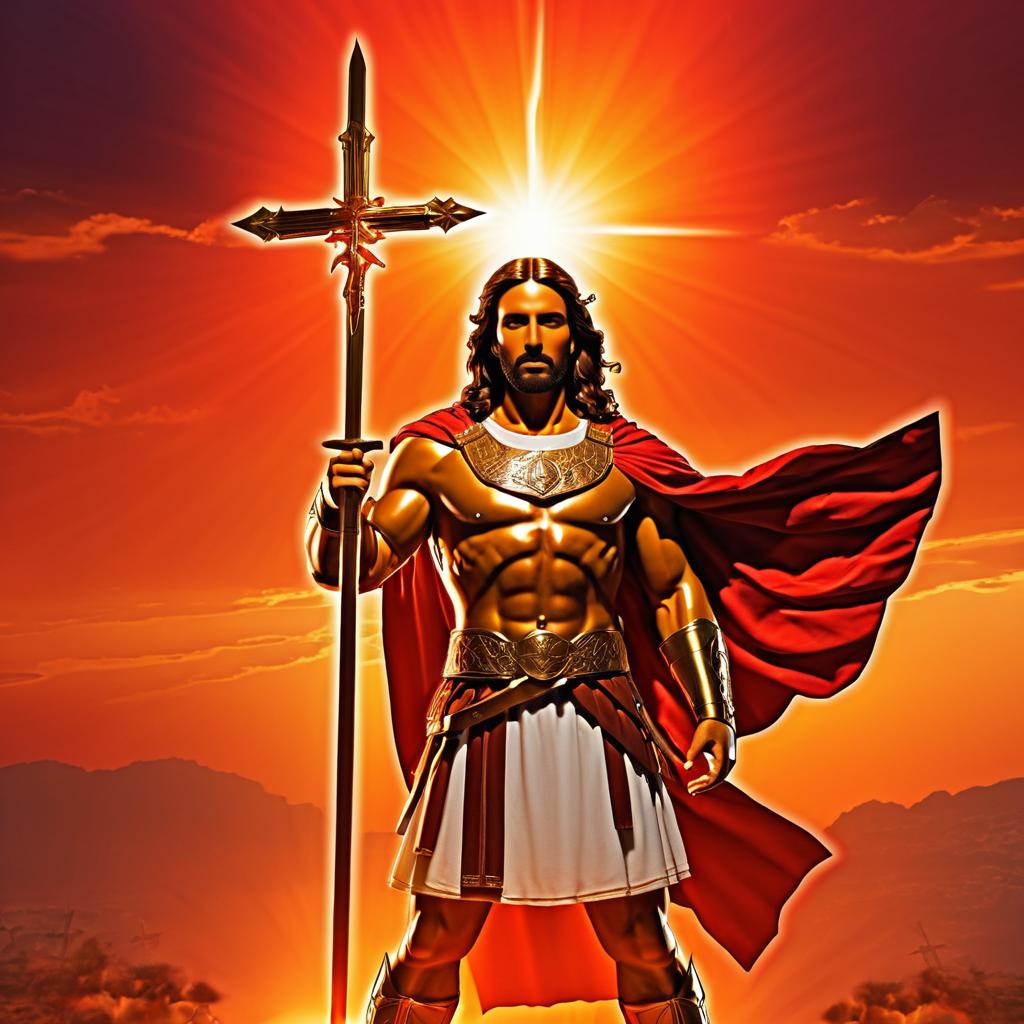 Fiery Sunset Warrior Jesus Illustration