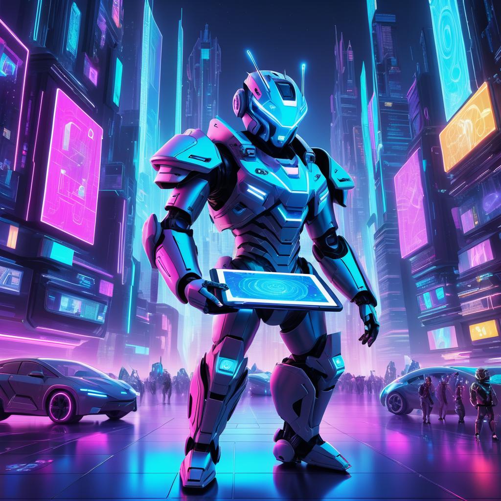 Futuristic Robot in a Cyber City