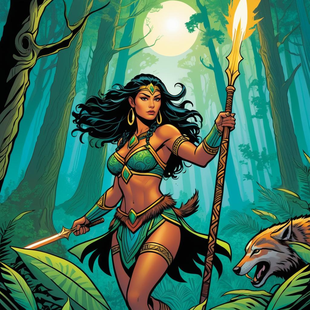 Amazonian Warrior in Mystical Forest Scene