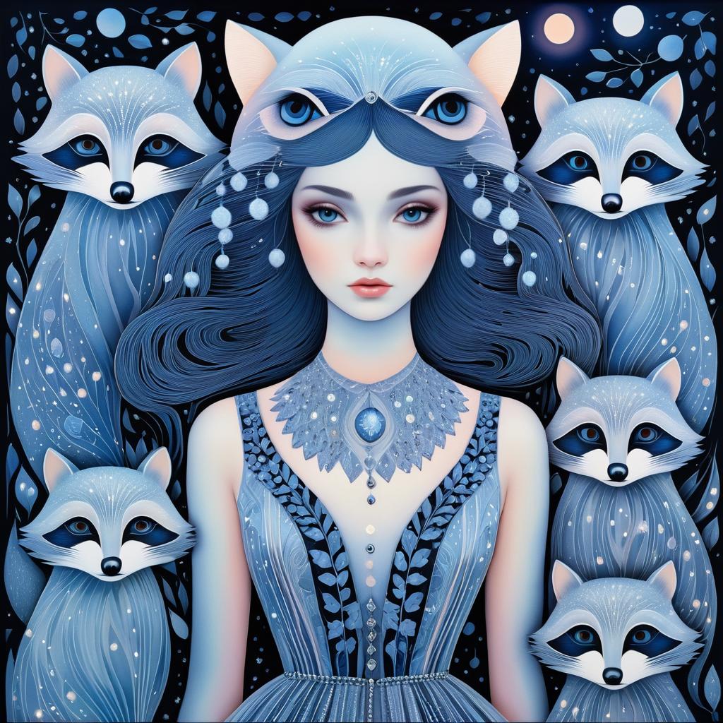 Mystical Night Girl with Raccoons