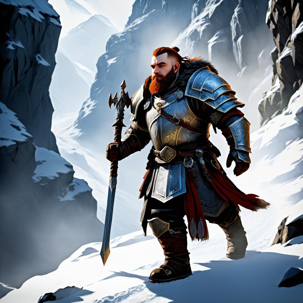 Dwarven Warrior in Snowy Mountainscape