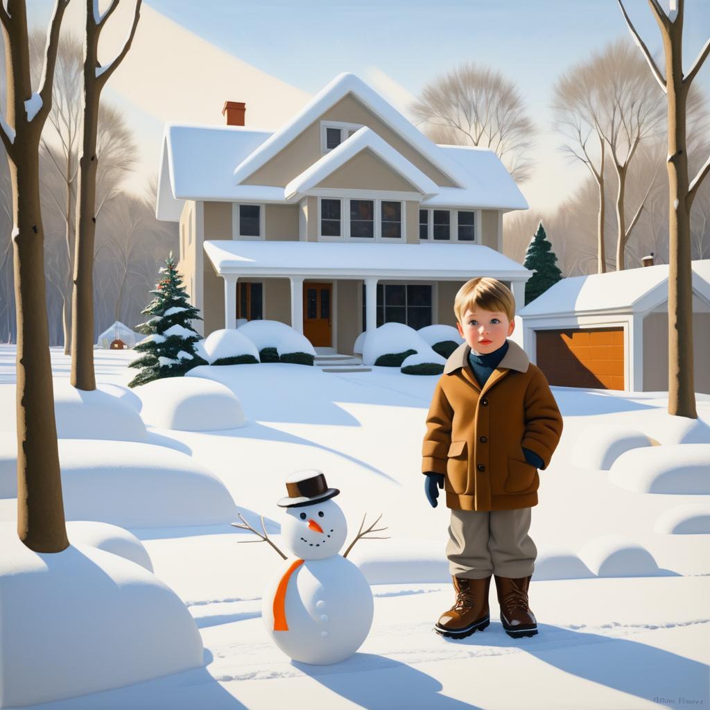 Winter Scene: Boy and Snowman in Snow