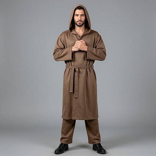 Photograph of a bearded man with long brown hair, wearing a brown hooded robe with belt, standing against a plain gray background.