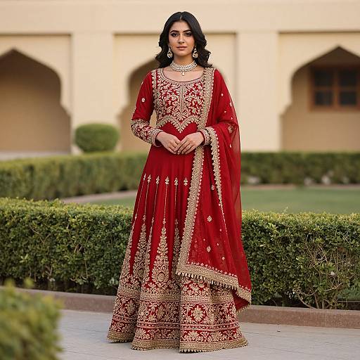 Photograph of a South Asian woman in a vibrant red traditional lehenga with intricate gold embroidery, standing in a lush garden courtyard.