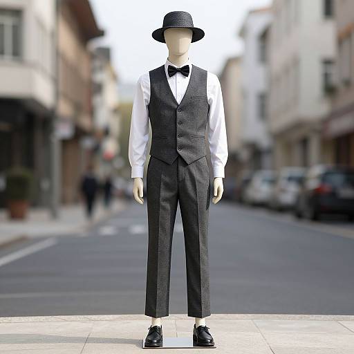 Photograph of a faceless mannequin in black pinstripe suit, white shirt, black bow tie, and black bowler hat, standing